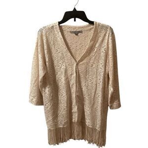 Valerie Stevens Ivory Overlay Lace Cardigan Crochet Fringe Size L Boho Cowgirl